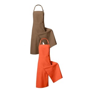 May include: Two aprons, one brown and one orange, are displayed against a white background. Each apron has a bib, a pocket, and a long skirt. The aprons have adjustable neck straps and are made of a sturdy fabric.