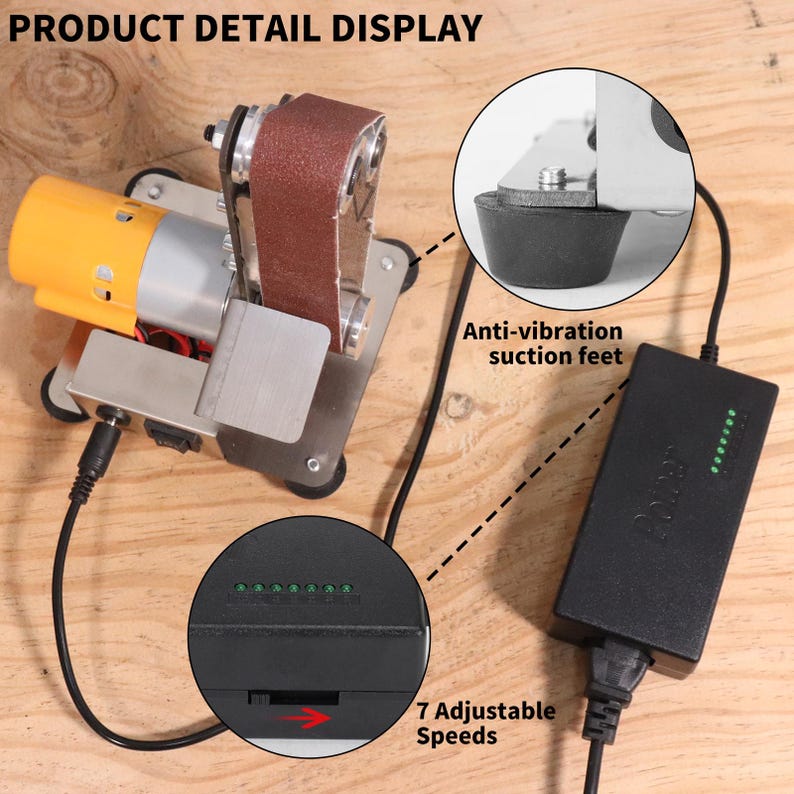 a product detail display featuring a sanding machine with anti-vibration suction feet, a power cord, and a 7 adjustable speeds feature.