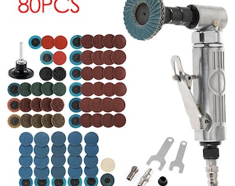 90 Degrees Air Angle Die Grinder Kit – 25,000 RPM Mini Pneumatic Polisher with 80-Piece Sanding Disc Set