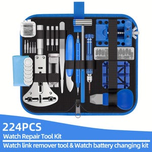 May include: A blue and black watch repair tool kit containing 224 pieces. The kit includes various tools such as screwdrivers, pliers, and watch band adjustment tools. The kit is designed for watch repair and maintenance.