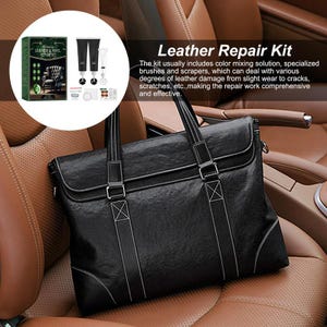 May include: A black leather briefcase with white stitching and silver buckles sits on a brown leather car seat. The image also shows a leather repair kit with tubes, brushes, and color mixing solutions.