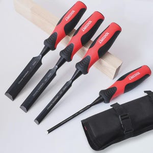 May include: A set of four chisels with black blades and red and black handles. The chisels are labeled with sizes: 1" (25mm), 3/4" (19mm), 1/2" (12mm), and 1/4" (6mm). The brand name "FUJITOOL" is printed on the handles.