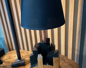 Handmade Wooden Table Lamp – Sculptural Oak & Black Wood – Modern Industrial Geometric Design