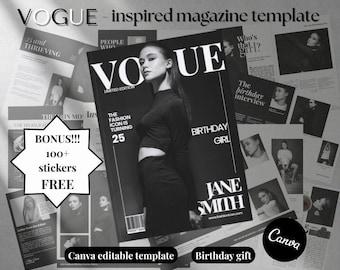 Op Vogue geïnspireerde verjaardagstijdschriftsjabloon, aangepaste canvasomslag, modeportretcadeau, bewerkbare digitale aandenken