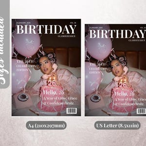 Op de afbeelding: Twee tijdschriftomslagen met het woord "BIRTHDAY" in grote witte letters. De covers tonen een vrouw die een taart vasthoudt met een "26" kaars. Roze ballonnen en de tekst "Hello, 26" zijn ook zichtbaar.