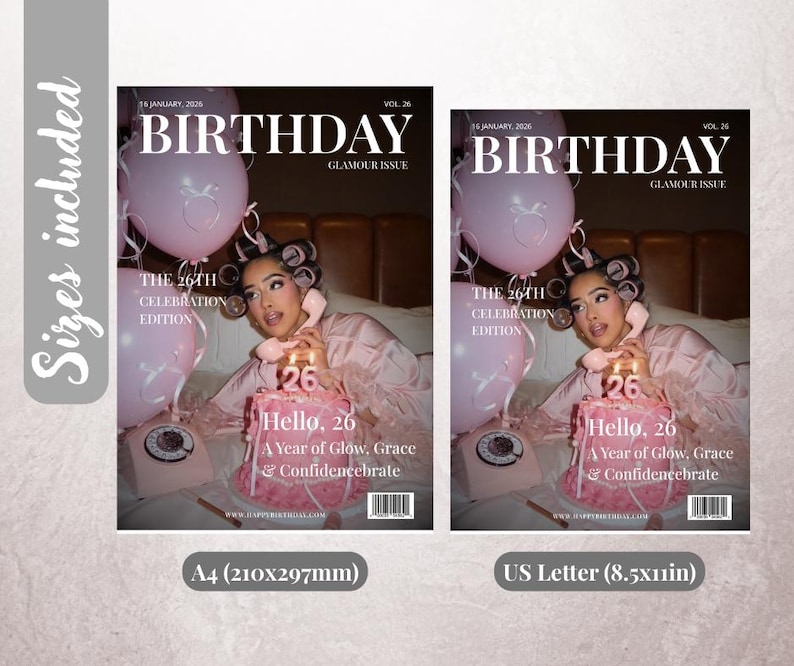 Op de afbeelding: Twee tijdschriftomslagen met het woord "BIRTHDAY" in grote witte letters. De covers tonen een vrouw die een taart vasthoudt met een "26" kaars. Roze ballonnen en de tekst "Hello, 26" zijn ook zichtbaar.