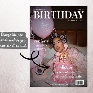 Op de afbeelding: Een magazine cover met de kop "BIRTHDAY" en de tekst "GLAMOUR ISSUE". De cover toont een vrouw die een telefoon vasthoudt, met een roze taart met een "26" kaars. Roze ballonnen zijn op de achtergrond. De tekst luidt "Hello, 26 A Year of Glow, Grace & Confidencebrate."