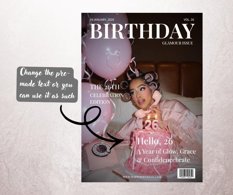 Op de afbeelding: Een magazine cover met de kop "BIRTHDAY" en de tekst "GLAMOUR ISSUE". De cover toont een vrouw die een telefoon vasthoudt, met een roze taart met een "26" kaars. Roze ballonnen zijn op de achtergrond. De tekst luidt "Hello, 26 A Year of Glow, Grace & Confidencebrate."