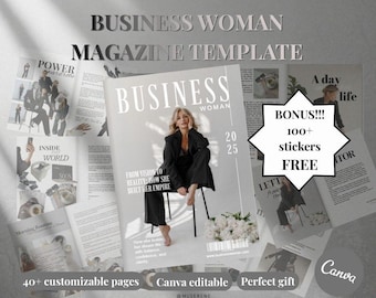 Bewerkbare sjabloon zakenvrouw tijdschrift: moderne elegantie voor krachtige vrouwen, canvassjabloon (digitale download)