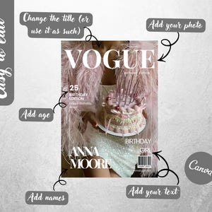Op de afbeelding: Een tijdschriftomslagontwerp met het woord "VOGUE" in het wit. De omslag toont een roze taart met kaarsen, de tekst "25 BIRTHDAY EDITION" en de naam "ANNA MOORE". De woorden "BIRTHDAY GIRL" zijn ook aanwezig.