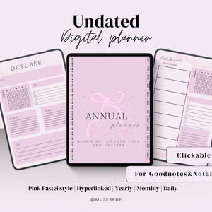 Pink Pastellfarben Digitaler Planer: Undatierter iPad Planer für GoodNotes, Girly Schleifen & Herzen (ausfüllbares PDF)