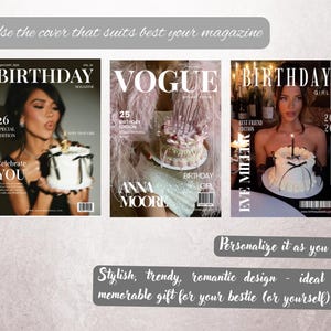 Op de afbeelding: Drie tijdschriftomslagen met de titels "Birthday" en "Vogue" worden getoond. Elke omslag toont een vrouw die een taart vasthoudt. De tekst bevat "Celebrate YOU", "Anna Moore" en "Eve Miller". De omslagen hebben een stijlvol, trendy ontwerp.