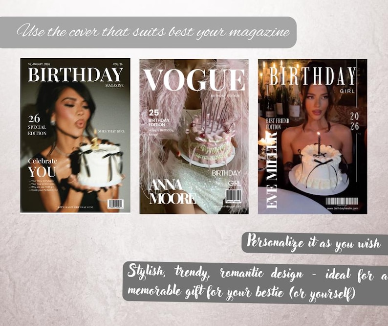 Op de afbeelding: Drie tijdschriftomslagen met de titels "Birthday" en "Vogue" worden getoond. Elke omslag toont een vrouw die een taart vasthoudt. De tekst bevat "Celebrate YOU", "Anna Moore" en "Eve Miller". De omslagen hebben een stijlvol, trendy ontwerp.