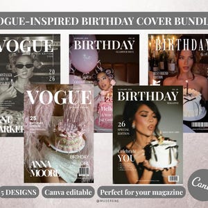 Op de afbeelding: Een verzameling van vijf magazine covers met een Vogue-ge&iuml;nspireerd ontwerp, met als thema verjaardagen. Elke cover toont een model en het woord "BIRTHDAY" of "VOGUE" in vette tekst. De covers hebben een vintage esthetiek met een verscheidenheid aan kleuren en stijlen.