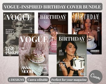 Plantillas de portadas de revista de cumpleaños inspiradas en Vogue / Canva (Descarga digital)