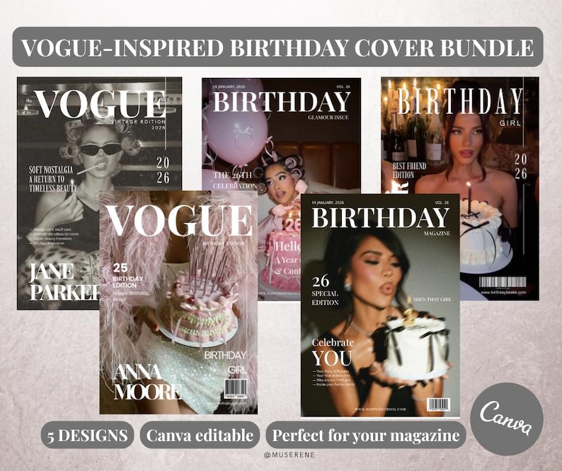 Op de afbeelding: Een verzameling van vijf magazine covers met een Vogue-ge&iuml;nspireerd ontwerp, met als thema verjaardagen. Elke cover toont een model en het woord "BIRTHDAY" of "VOGUE" in vette tekst. De covers hebben een vintage esthetiek met een verscheidenheid aan kleuren en stijlen.