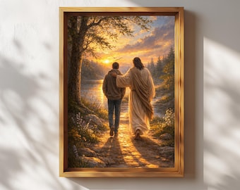 Llévame a casa, Pintura de Jesús x 2, Arte cristiano, Jesús caminando con una mujer, Arte de Jesús y un hombre, Imagen bíblica, Obra de arte cristiana digital