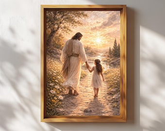 Llévame a casa Señor, Pintura de Jesús x 2, Arte Cristiano, Jesús caminando con niño y niña, Imagen de Jesús, Imagen de la Biblia, Obra de arte cristiana digital