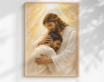 Wandbild „Jesus hält einen gebrochenen Mann“, christlicher Trostdruck für Trauernde, Beileidsgeschenk, Kunstwerk zum Thema Heilung und Glaube, druckbare Dekoration