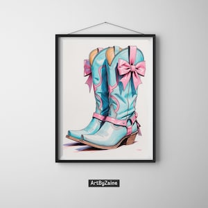 Coquette Bow Cowgirl Boots Print, Coastal Cowgirl Pink Wall Art, 5 x Print Bundle, College Apartment Aesthetic, Trendy Print, Dorm Decor Art