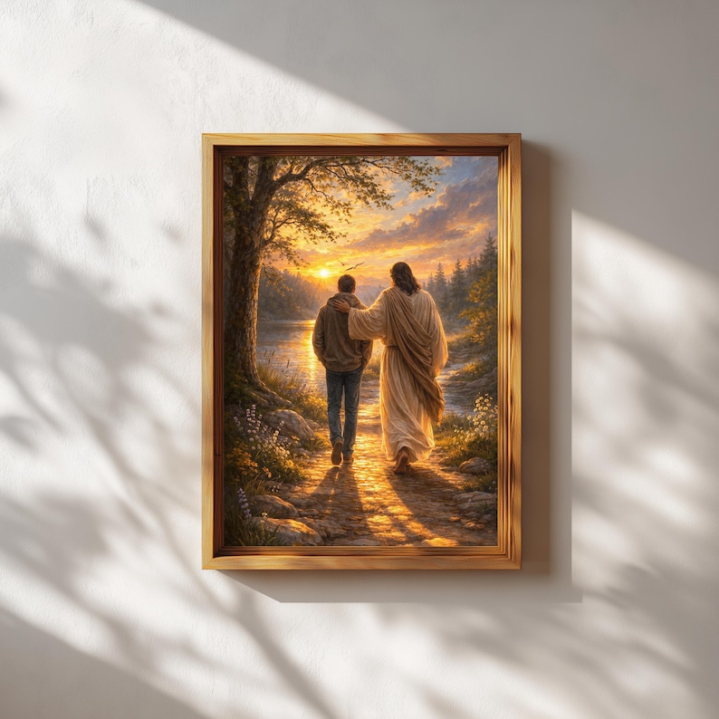Take Me Home Christian wall art featuring Jesus walking beside a woman along a peaceful river at golden sunset. The warm glowing sky reflects on the water while wildflowers line the path, creating a serene and comforting scene. This inspirational Jesus painting symbolises faith, guidance, hope, and spiritual protection in a tranquil landscape.