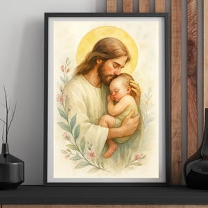 Miscarriage Baby Loss, Jesus Christ Holding Gender Neutral Baby, Jesus With Baby, Inspirational Christian Art Print, Jesus And Baby, Light