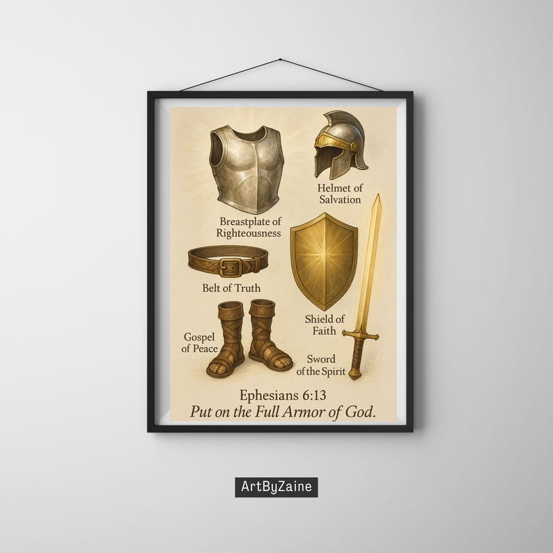 Puede incluir: Impresi&oacute;n enmarcada con ilustraciones de piezas de armadura: peto, casco, cintur&oacute;n, botas, escudo y espada. El texto incluye "Coraza de la Justicia", "Cintur&oacute;n de la Verdad", "Evangelio de la Paz", "Casco de la Salvaci&oacute;n", "Escudo de la Fe" y "Espada del Esp&iacute;ritu". Tambi&eacute;n est&aacute; presente el texto "Efesios 6:13 P&oacute;nganse toda la armadura de Dios".