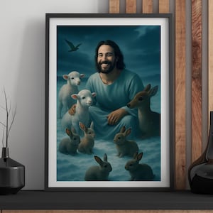 Laughing Christ with Small Creatures, Christ&#39;s Smile, Jesus Portrait, Jesus painting, Jesus wall art, Jesus picture, Night, Jesus print,
