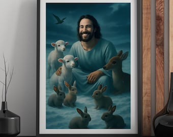 Laughing Jesus with Animals Print, Christ's Smile, Nursery Art (Digital Download)