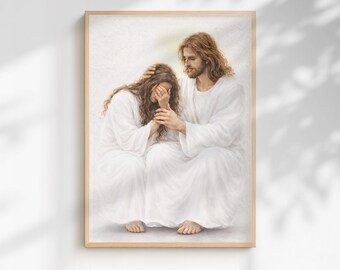 Jesus comforting grieving woman painting x 2, Sympathy gift, Christian grief wall art, faith healing artwork printable