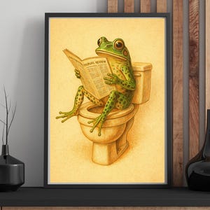 Retro Frog on Toilet Print PNG | Trendy Bathroom Wall Art | Frog Poster Decor | Playful Frog Art | Digital | Wall Decor Art | Animal Cartoon