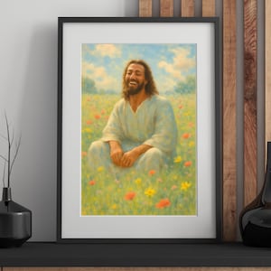Laughing Christ, Christ&#39;s Smile, Jesus Portrait, Jesus painting, Jesus wall art, Jesus picture, Bright, Jesus print, Jesus art, Field,