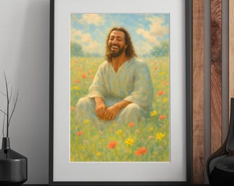Laughing Jesus Portrait, Christian Artwork, Field Art (Digital Download), Jesus Picture, LDS Painting, Bible Wall Art
