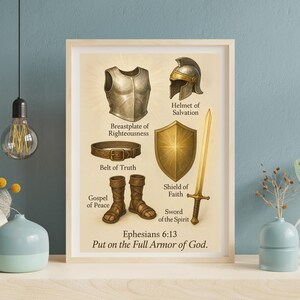 Puede incluir: Una impresi&oacute;n enmarcada con ilustraciones de piezas de armadura: una coraza, un casco, un cintur&oacute;n, botas, un escudo y una espada. El texto incluye "Coraza de la Justicia", "Casco de la Salvaci&oacute;n" y "Efesios 6:13 P&oacute;nganse toda la armadura de Dios."