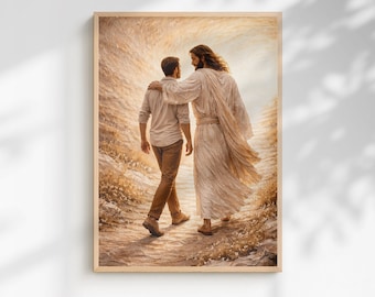 Jesus Leading Man to Heaven Wall Art x 4, Sympathy Gift, Loss of Loved One Memorial Print, Faith Comfort Artwork, Religious Decor