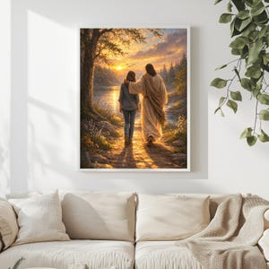 Take Me Home religious wall art portraying Jesus walking beside a woman on a rustic path near a flowing river at sunset. Rich golden hues, textured clouds, and blooming flowers create a peaceful Christian scene symbolising comfort, hope, and spiritual journey, perfect for inspirational décor or meaningful gifts.