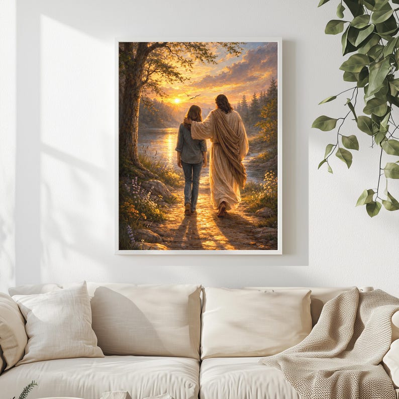 Take Me Home religious wall art portraying Jesus walking beside a woman on a rustic path near a flowing river at sunset. Rich golden hues, textured clouds, and blooming flowers create a peaceful Christian scene symbolising comfort, hope, and spiritual journey, perfect for inspirational décor or meaningful gifts.