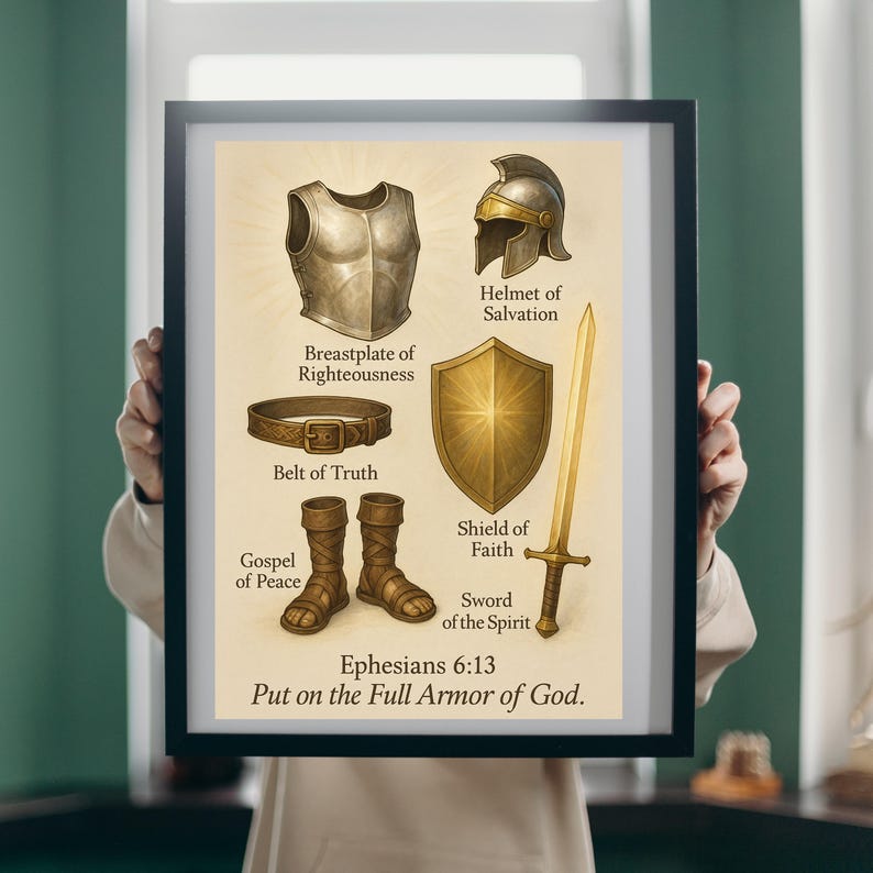 Puede incluir: Impresi&oacute;n enmarcada que presenta ilustraciones de la armadura de Dios: una coraza, un yelmo, un cintur&oacute;n, botas, un escudo y una espada. Tambi&eacute;n se incluye el texto "Efesios 6:13" y "Ponte toda la armadura de Dios".