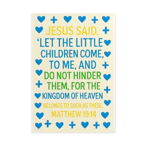 Matteo 19:14 Lasciate che i bambini vengano a me, stampe artistiche senza cornice per la cameretta dei bambini, decorazioni cristiane per la cameretta, blu