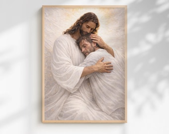 Jesus Holding Broken Man, Loss of loved one, Christian Mens Wall Art x 2, Faith in Hard Times, Healing Jesus Artwork, Religious Print
