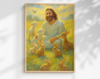 Laughing Jesus with Animals Art Print, Christian Art, Christ's Smile Picture (PNG PDF Digital Download) Christian Artwork