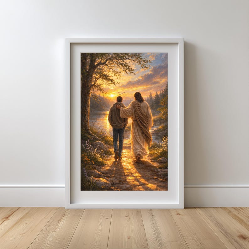 May include: Framed art print depicting two figures walking on a path beside a river at sunset. One figure is wearing a robe, the other a jacket. The artwork is framed in a white border.