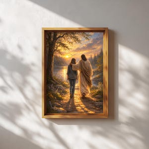 Inspirational Take Me Home artwork showing Jesus gently guiding a woman down a sunlit woodland path beside a calm river. Soft golden light fills the sky, illuminating flowers and trees in a peaceful countryside setting. This Christian wall art represents trust in God, divine companionship, and walking by faith toward hope and salvation.
