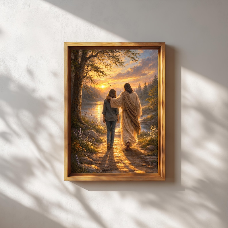 Inspirational Take Me Home artwork showing Jesus gently guiding a woman down a sunlit woodland path beside a calm river. Soft golden light fills the sky, illuminating flowers and trees in a peaceful countryside setting. This Christian wall art represents trust in God, divine companionship, and walking by faith toward hope and salvation.