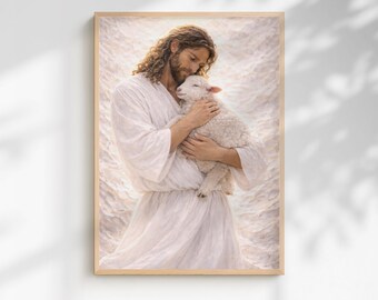 The Lamb Of God Jesus Artwork, Running After Lost Lamb God Poster Print, Jesus Printable Art Jesus Leaves the 99, Bible Art