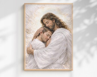 Jesus Comforting Grieving Man | Loss of Loved One, Sympathy Gift | Christian Grief Wall Art | Memorial Print | Healing Faith Artwork