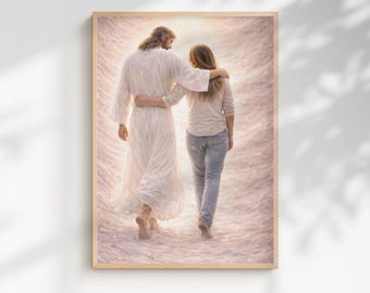 Jesus Walks With You – Christian Wall Art, Woman Faith Artwork, Religious Gift, Comforting Jesus Print, Spiritual Decor, Bible Art