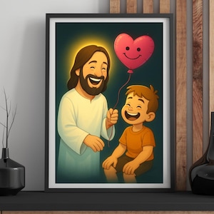 Joyful Moments – Jesus with Little Boy | Inspirational Christian Art Print | Jesus and Children Wall Decor | Faith-Based Artwork, Cartoon
