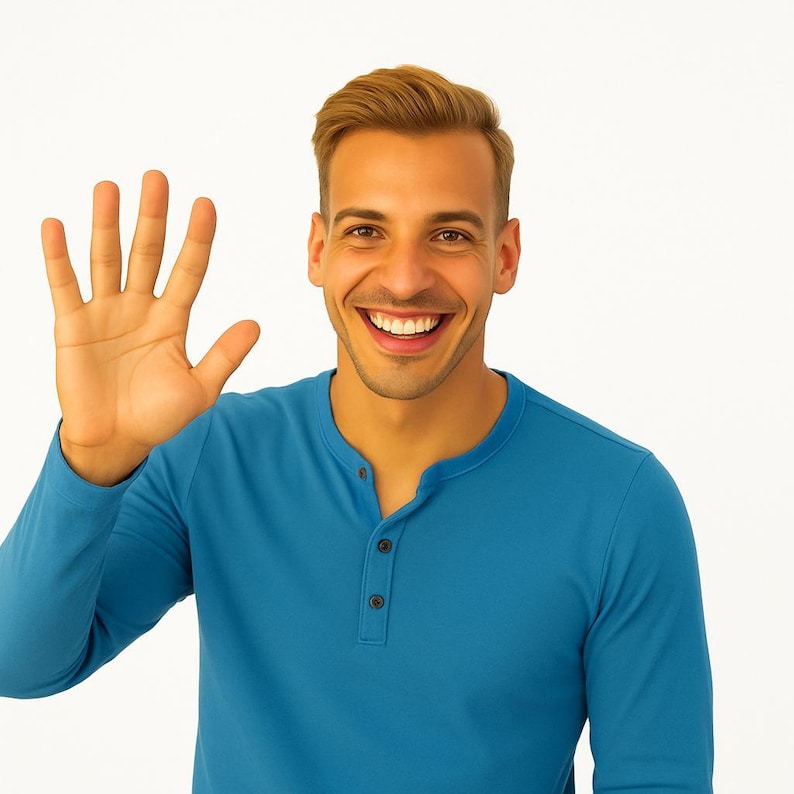 May include: A smiling person wearing a blue long-sleeve shirt with a three-button placket, raising their right hand in a greeting gesture. The person has short, light brown hair and is set against a white background.