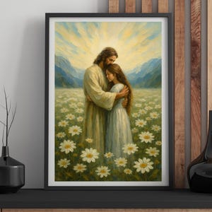 Jesus Hugging Girl, Modern Christian Art, Jesus Painting, His Love, Christian Prints, Bible Wall Art, Jesus and Woman, Jesus Art, Jesus Art